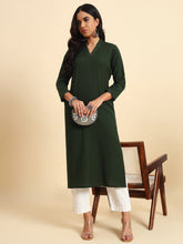 Thread Plus Cotton Flax Straight Kurti In Bottle Green Color For Women